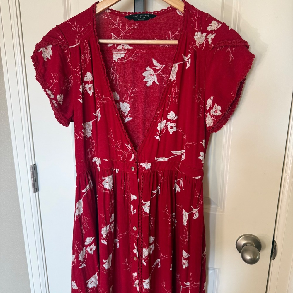 Knot Sisters Domingo Midi‎ Dress In Scarlet Tulips Red Floral Womens Medium - Picture 4 of 11